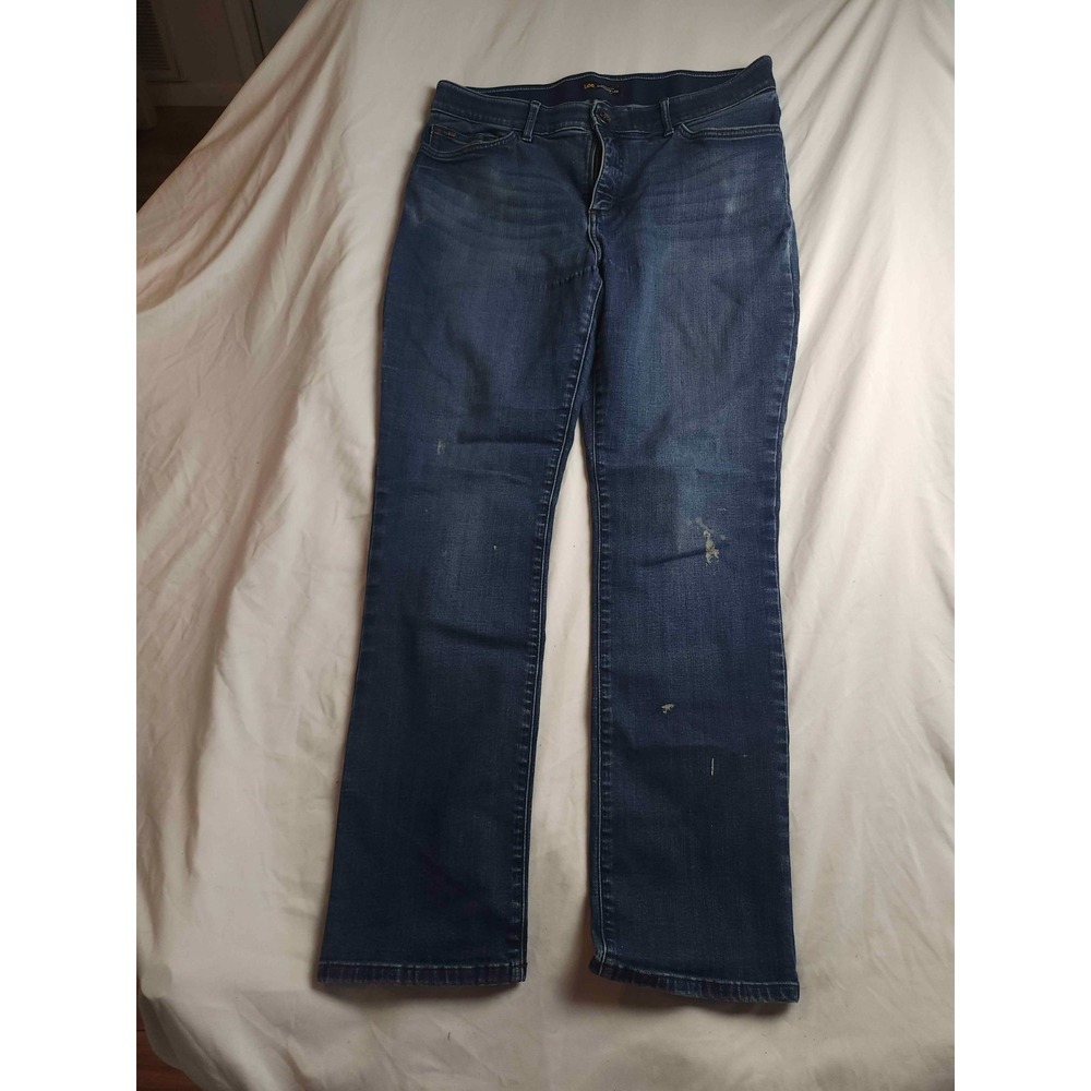 Lee Straight Leg Mid Rise Flex Motion Jeans Womens Size 16M Blue Dark Wash Denim